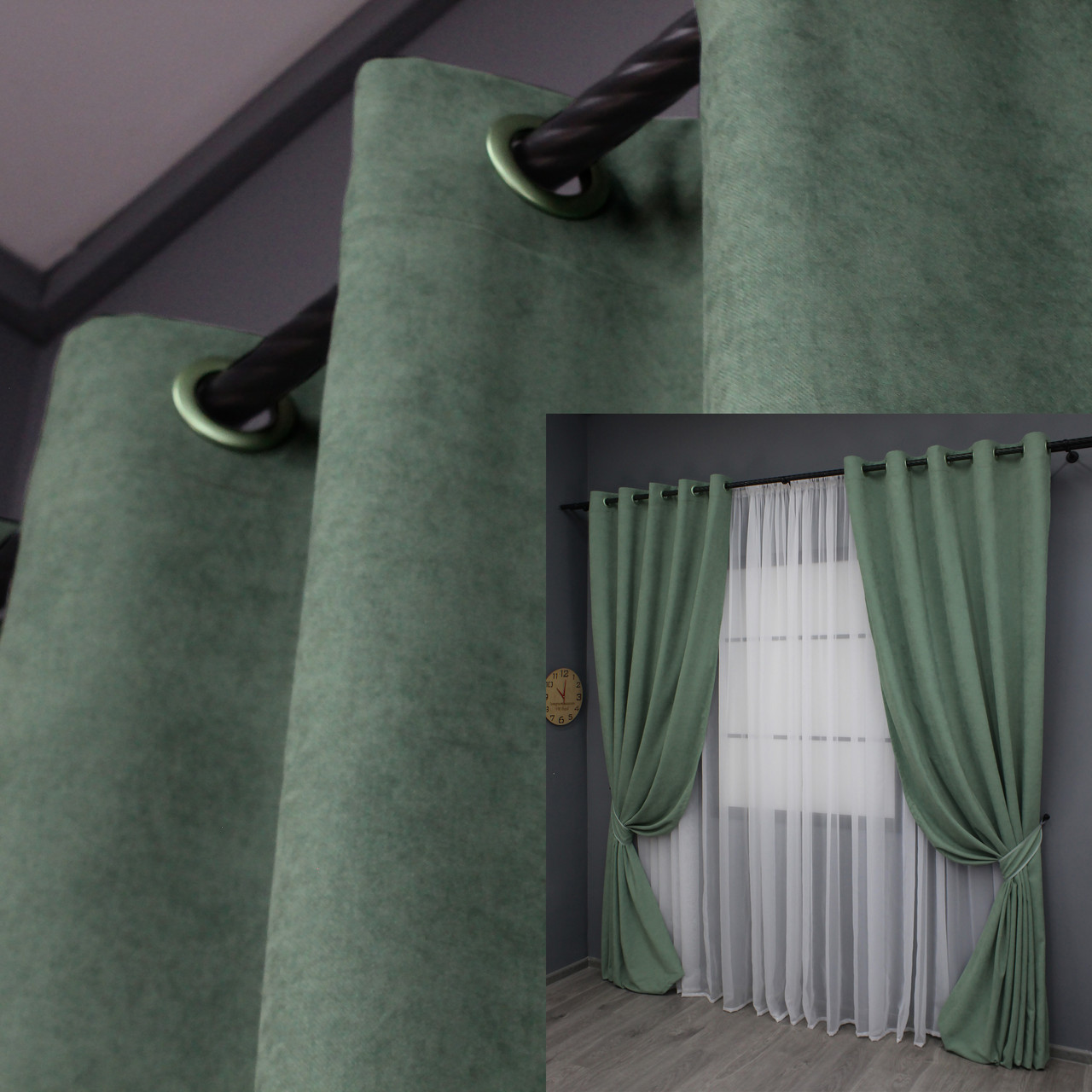 Комплект (2шт. 1,5х2,7м.) штор на люверсах із тканини мікровелюр SPARTA. Колір фісташковий 970ш 37-0146, фото 1