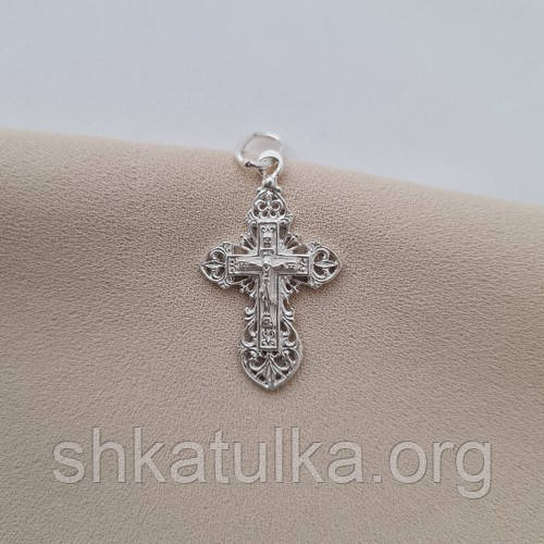 Хрестик срібний з розп'яттям ажурний і написом Врятуй і Збережи