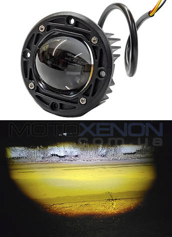 Світлодіодна LED лед фара-лінза ближнє світло, білий+жовтий, кругла, чітка межа, 3 режими, фото 1