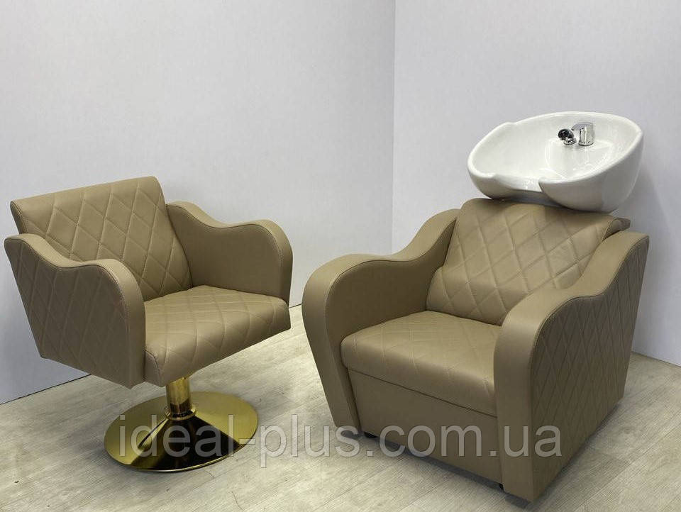 Комплект перукарських меблів 2в1 Кетрін Сронг мийка перукаська + крісло на дисковій базі Gold, фото 1