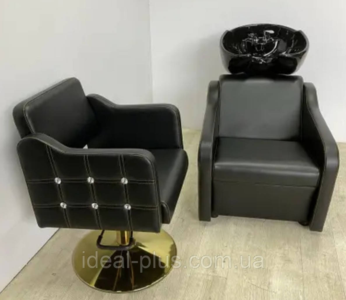 Перукарський комплект меблів 2в1 Джорджія крісло на золотій дисковій та крісло-мийка для перукаря