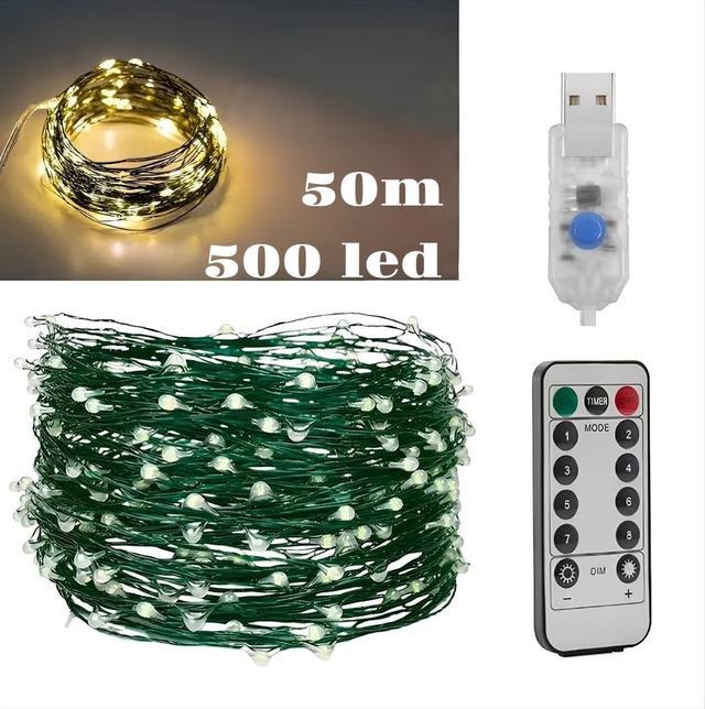 Світлодіодна гірлянда Роса зелений дріт з пультом д/у 500 LED 50 метрів Теплий білий від USB