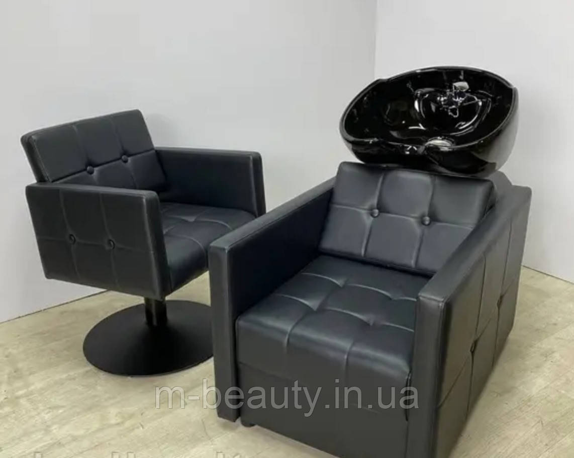 Перукарський комплект меблів 2в1 КАНЗАС (крісло-мийка + крісло перукаря на чорному диску)
