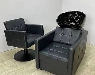 Перукарський комплект меблів 2в1 КАНЗАС (крісло-мийка + крісло перукаря на чорному диску)