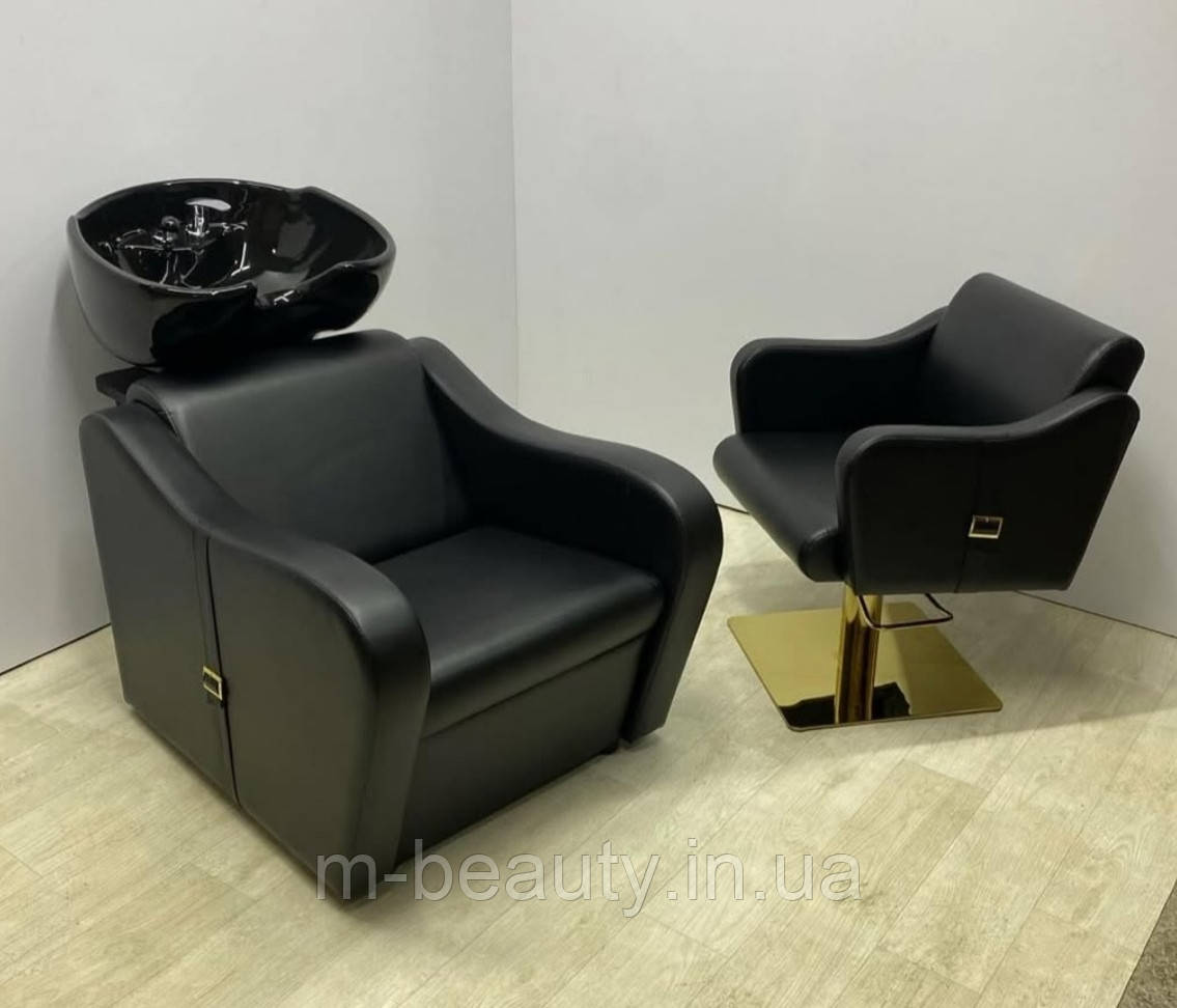 Перукарський комплект 2-в-1 "БЕЛТ" перукарська мийка з кріслом для перукаря на золотому квадраті