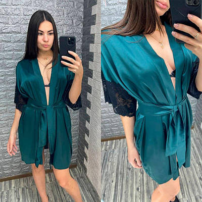 Жіночий шовковий халат з мереживом,РОЗМІР ТІЛЬКИ 42(S)