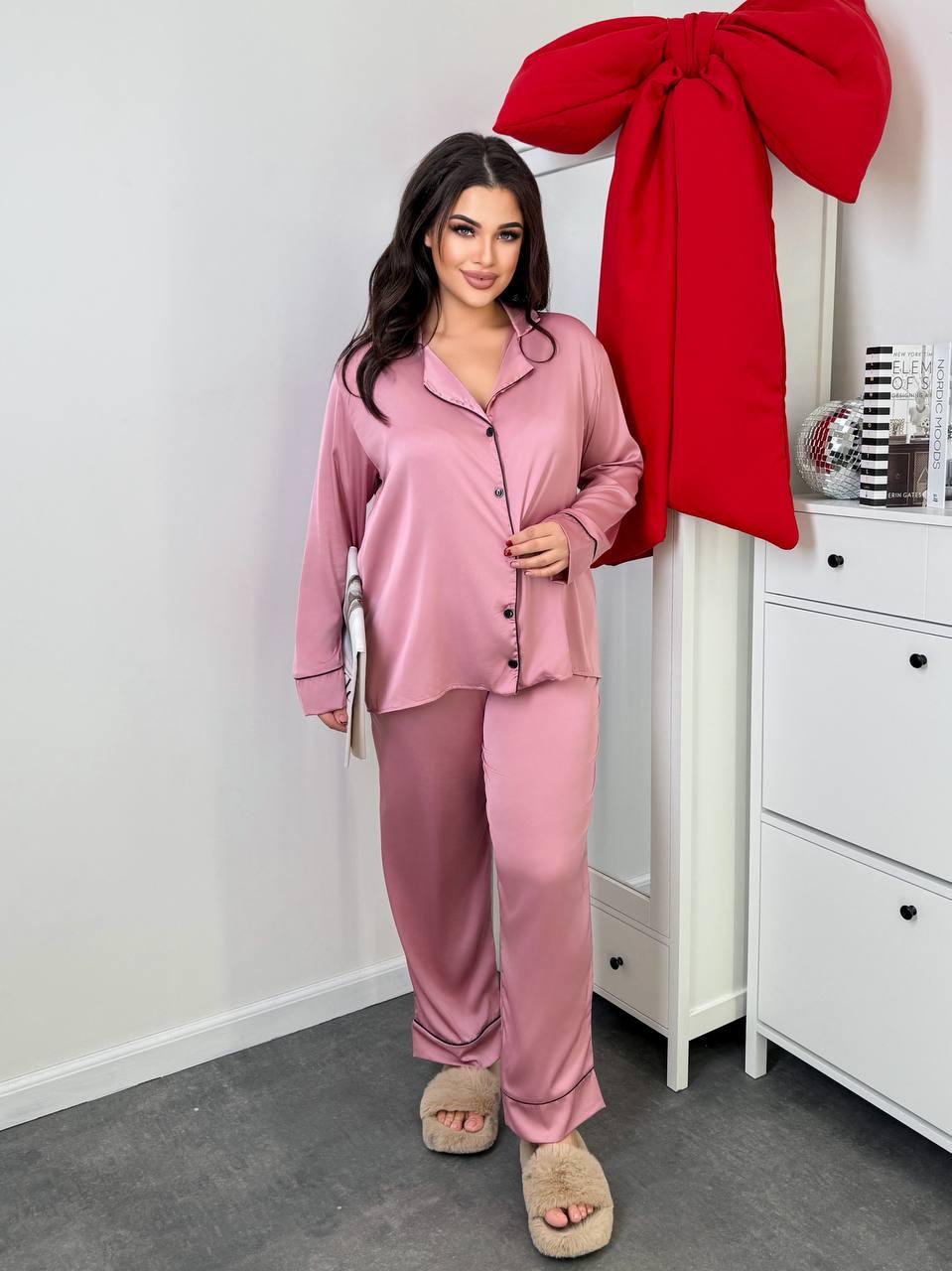 Жіноча шовкова піжама, домашній костюм: сорочка на ґудзиках та штани, батал великі розміри, фото 1