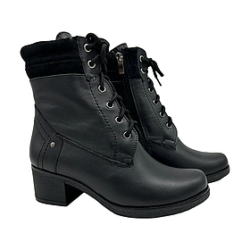 Черевики жіночі на шнурівці з блисковкою на підборах зі шкіри чорного кольору «Style Shoes»