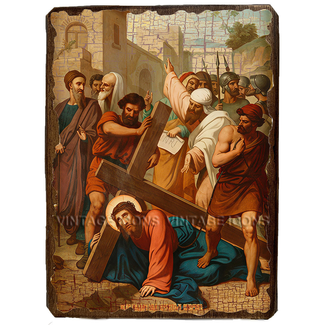 Ікона Хресна дорога. 3-Перше падіння Ісуса ,ікона на дереві 130х170 мм, фото 1