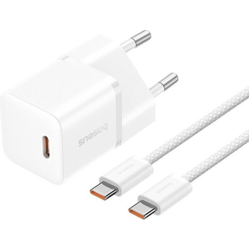 МЗП Baseus GaN5 Fast Charger (mini) PD25W (1USB-C) + кабель Type-C to Type-C (P10110909113) Moon White