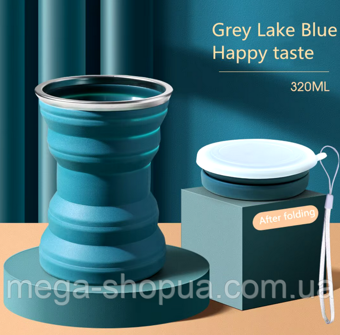 Складна туристична силіконова склянка з кришкою 320 мл, компактний аксесуар для подорожей Eco-221 Синій, фото 1