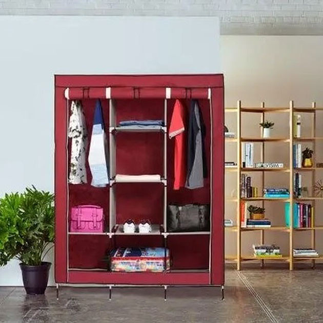 Шафа тканинна 3 секції складана з каркасом STORAGE WARDROBE 175 х 130 х 45 см. Колір: червоний AuraHome
