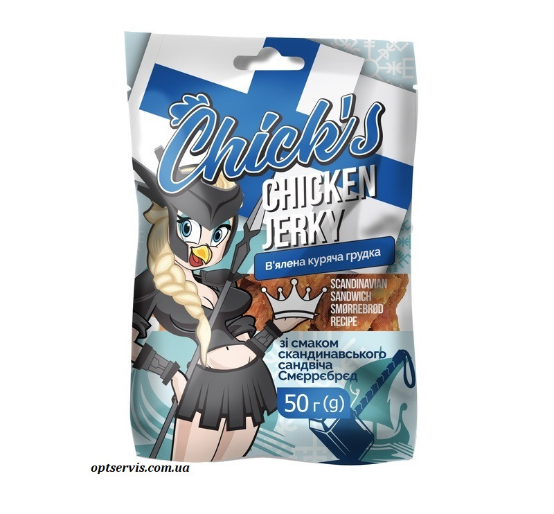 Курячі джерки Chick's зі смаком скандинавського сандвіча Сморреброд 50 г, фото 1