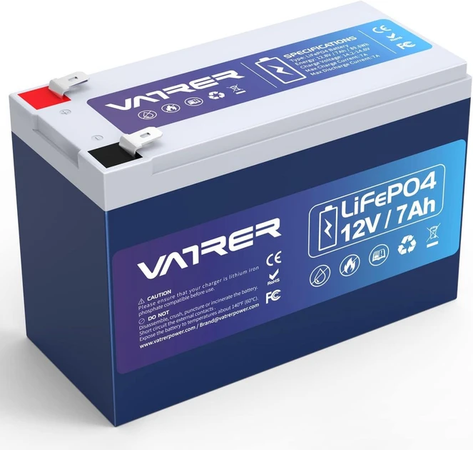 Акумуляторна батарея VATRER LiFePO4 12V, 7Ah, 89,6Wh, вбудований BMS, 5000+ циклів зарядки