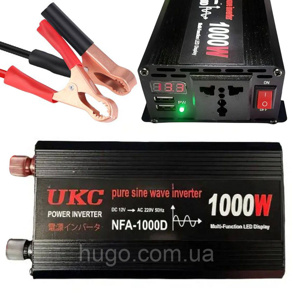 Автомобільний інвертор 1000Вт, 12-220В, 2хUSB, чистий синус / Перетворювач напруги / Інвертор для котла, фото 1