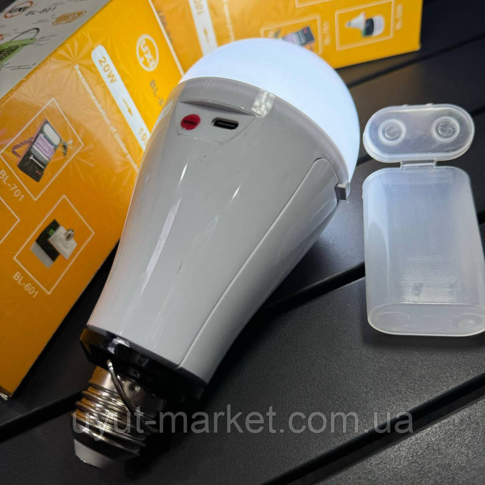 Акумуляторна лампочка 20Вт E27 USB з гачком +2 акумулятори BL-801, фото 1