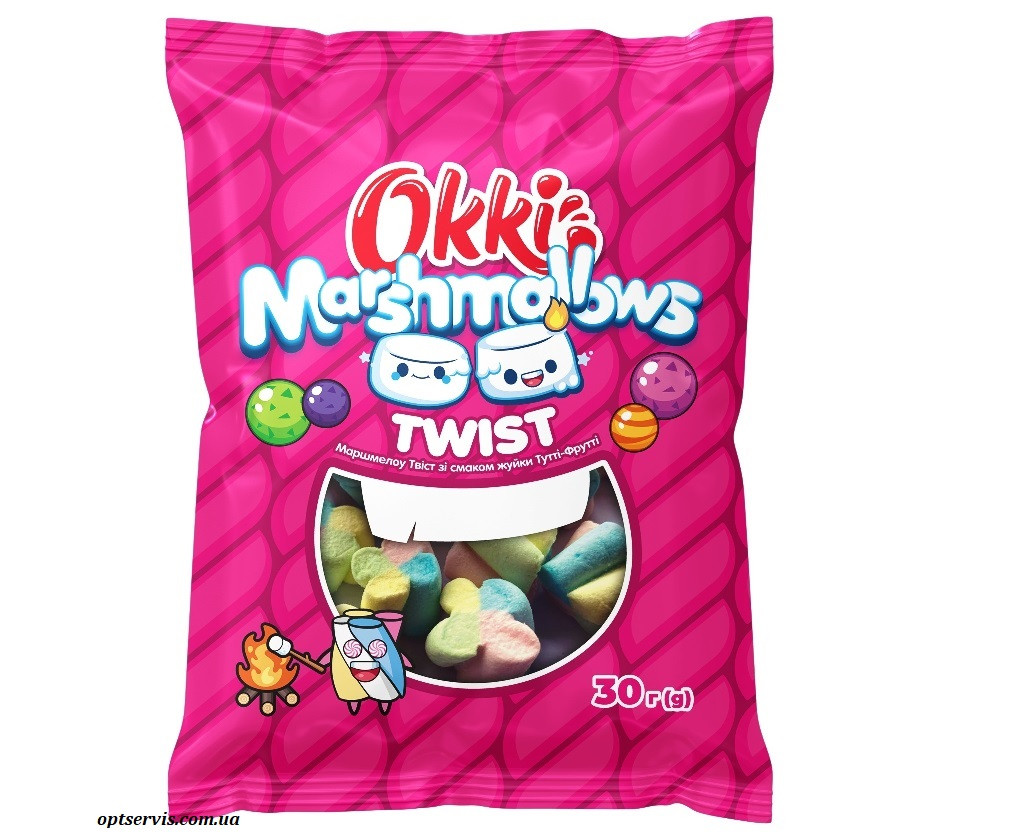 Маршмеллоу Okki Marshmallows Twist зі смаком жуйки Тутті-Фрутті 30 г, фото 1