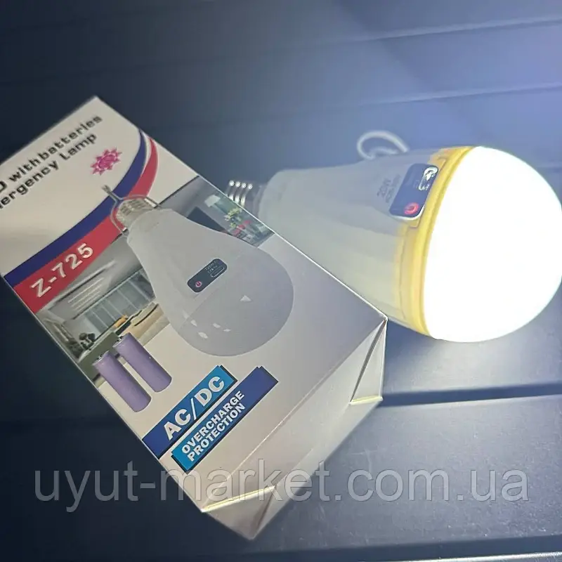 Акумуляторна підвісна лампочка 20Вт E27 USB з гачком 2 акумулятора18650 Z-725+кабель