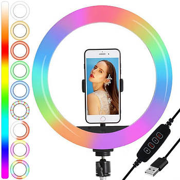Кільцева RGB лампа 30 см, від USB, MJ 300 Soft Ring Light + тримач для телефону / Кольорова лампа для блогера