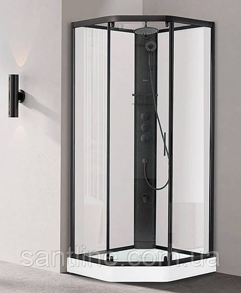 Душовий бокс без даху 90х90х210 см DUSEL GLARE Black п'ятикутний розсувна душова кабіна прозоре скло, фото 1