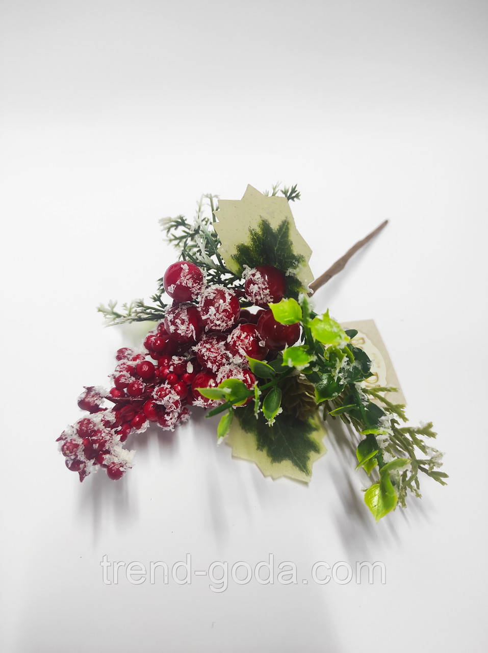 Іграшка на ялинку новорічний декор — прикраса гілочка, засніжена декоративні ягоди червоні, фото 1