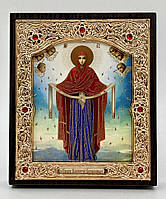 Ікона в обкладі, риза, дерев'яний кіот на підставці "Ікона Покрову Пресвятої Богородиці". Оригінальна робота.