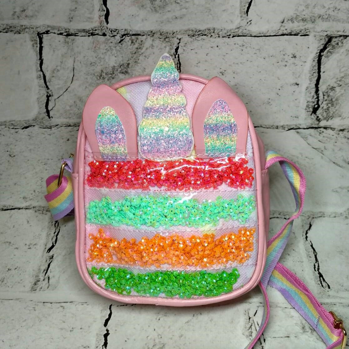 Сумочка дитяча для дівчинки з ремінцем Єдиноріг з паєтками екошкіра 18,5х15х5 см Рожева 24-406-1