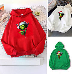 Тепла жіноча толстовка новорічна молодіжна на флісі з капюшоном, червона, біла, зелена