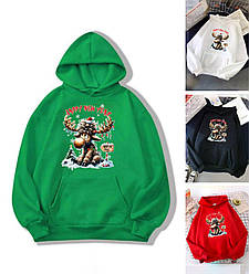 Толстовка новорічна жіноча з малюнком оленя тепла на флісі з капюшоном, чорна, біла, червона