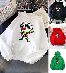 Жіноче худі з новорічним принтом модне тепле на флісі з капюшоном, біле, зелене, чорне, червоне