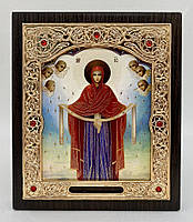 Ікона в обкладі, риза, дерев'яний кіот на підставці "Ікона Покрову Пресвятої Богородиці". Оригінальна робота.