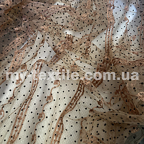 Сітка Флок із вишивкою 150 см Бежевий із чорним горохом
