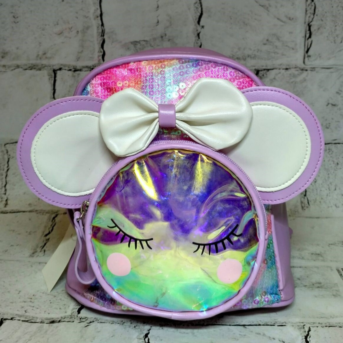 Рюкзак дитячий для дівчинки дошкільний Мінні з бантиком Голографічний 23х21х11 см Бузковий 23-22-S, фото 1