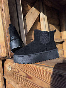 ЧЕЛСИ Угги UGG на высокой платформе ЧЕРНЫЕ BLACK экоЗамша женские ботиночки полусапожки зима LQD
