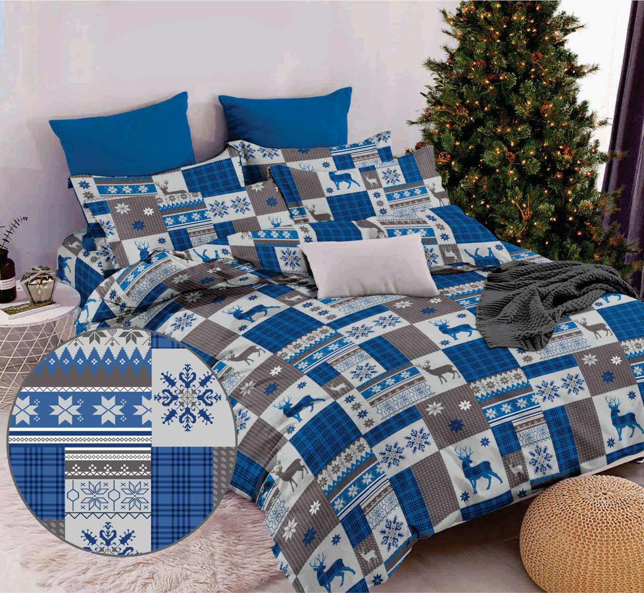 Наволочка на блискавці 70х70 (Бязь) | Від виробника "Королева Ночі" | Новорічна абстракція на синьому та сірому, фото 1