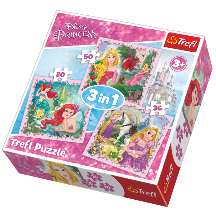 Пазли 3 в 1 Рапунцель, Аврора і Аріель. Дісней Принцеси. Disney Princess (20,36,50 ел.) 34842 (Trefl)
