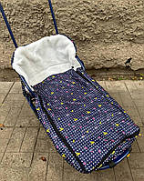 Конверт/чохол для санок, зі штучної овчини, на дві змійки, із затяжками "Темно синій" у білий горошок
