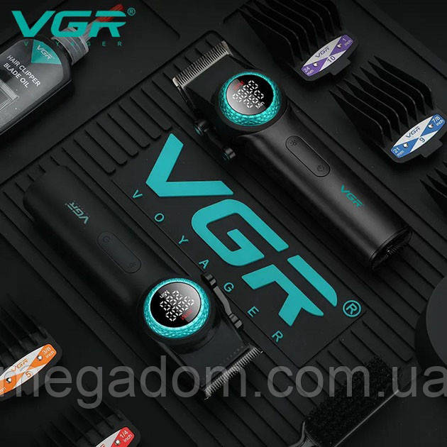 Професійна машинка для стрижки волосся VGR V-001 з дисплеєм 9000 об/хв та 10 змінними насадками KG-482 (1,5-24 мм)