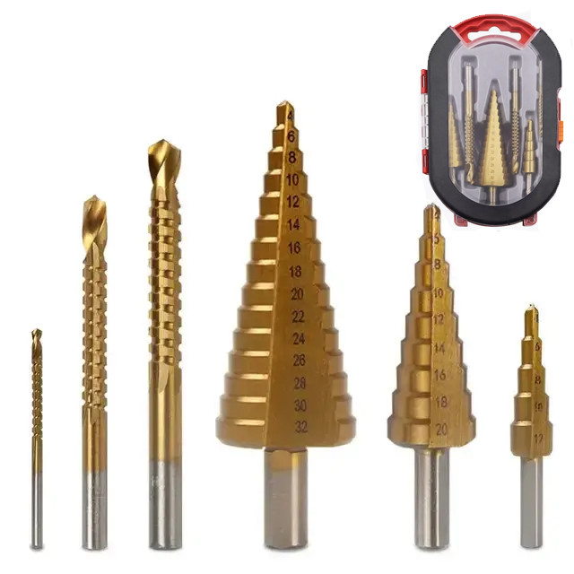 Набір східчастих та фрезерувальних свердл з титановим покриттям 6 штук у кейсі, фото 1