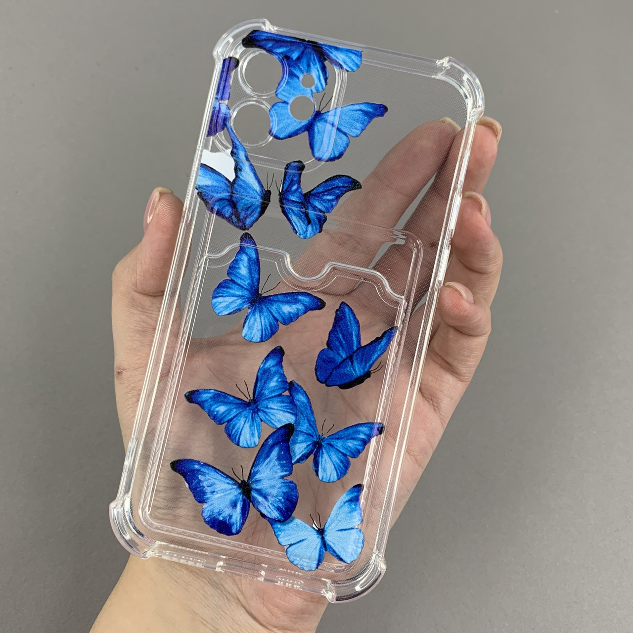 Чохол для Apple iPhone 12 чохол із синіми метеликами з кишенею для карт на айфон 12 прозорий q01y