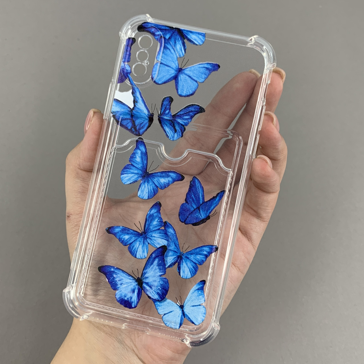 Чохол для Apple iPhone X / Xs чохол із синіми метеликами з кишенею для карт на айфон х / хс прозорий q01y