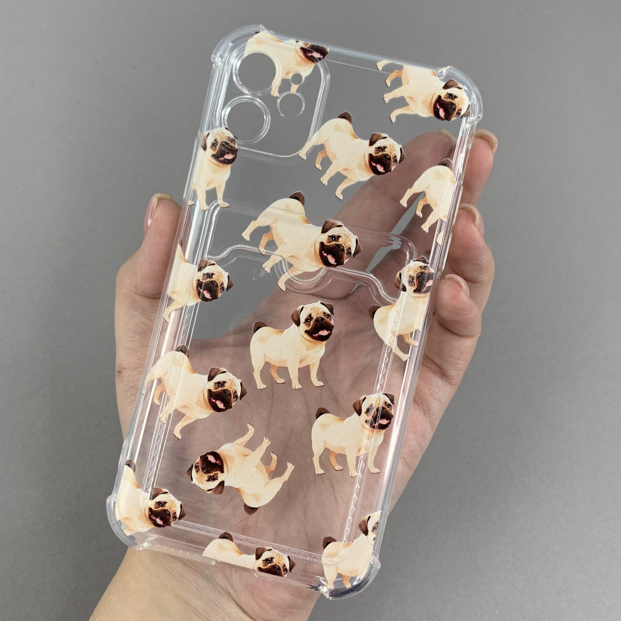 Чохол для Apple iPhone 11 чохол з мопсом з кишенею для карт на телефон айфон 11 прозорий q01y