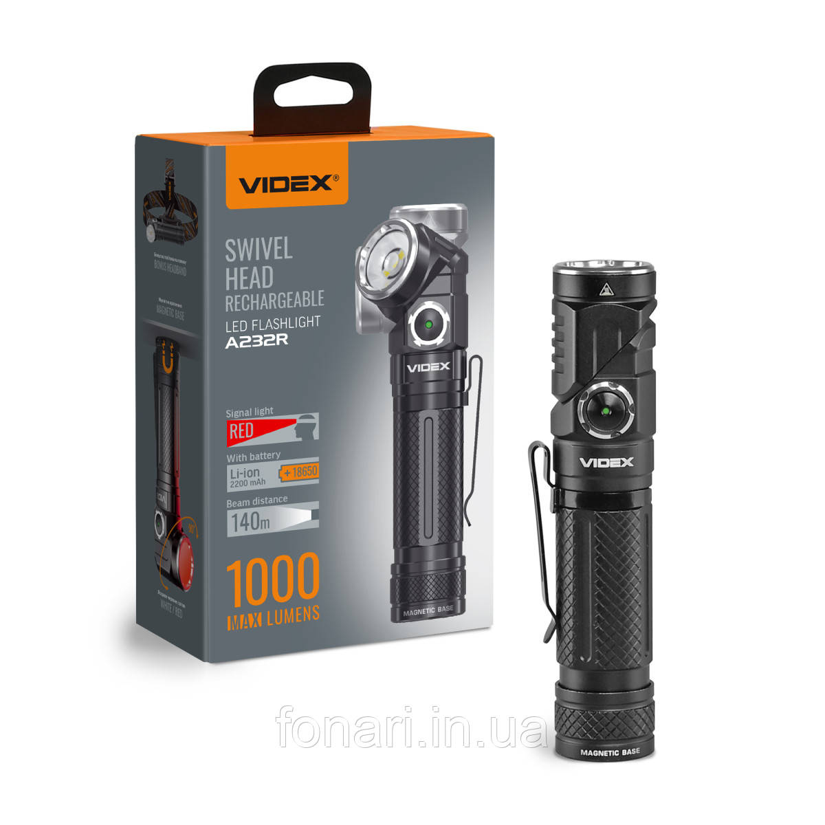 Ліхтар Videx VLF-A232R Luminus SST20 +2xRED SMD, 1xLi-Ion 18650, 1000 люменів (можна використовувати як налобний)