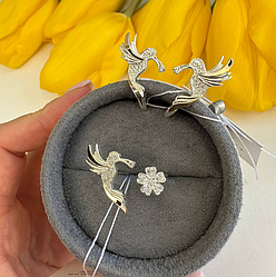 Срібний комплект з золотими напайками у формі пташки колібрі "Барви"