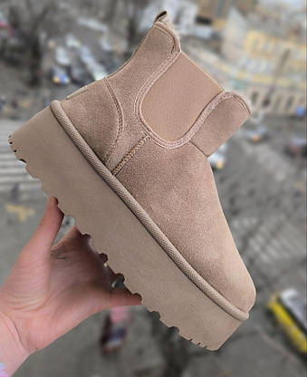 Уги ЧЕЛСІ черевички теплі БІЖОВІ BEIGE світлі ХАКИ на високій підошві екозамша жіночі зимові LQD, фото 4