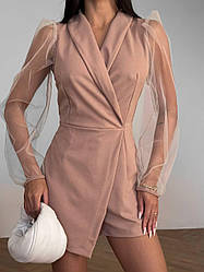 Елегантний бежевий жіночий приталений жіночий комбінезон з шортами з креп-дайвінгу з сітковим довгим рукавом