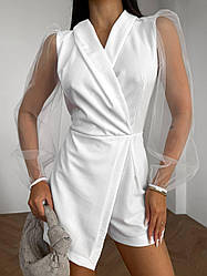 Елегантний білий жіночий приталений жіночий комбінезон з шортами з креп-дайвінгу з сітковим довгим рукавом