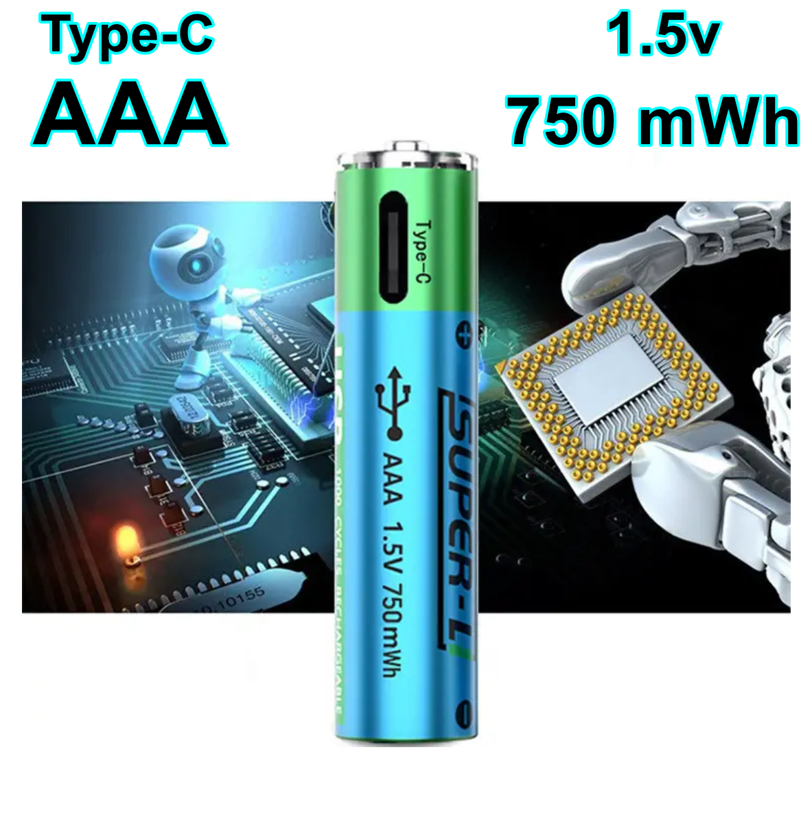 Акумулятор з USB Type-C зарядкою Super-L Li-Ion AAA 1.5V 750 mWh