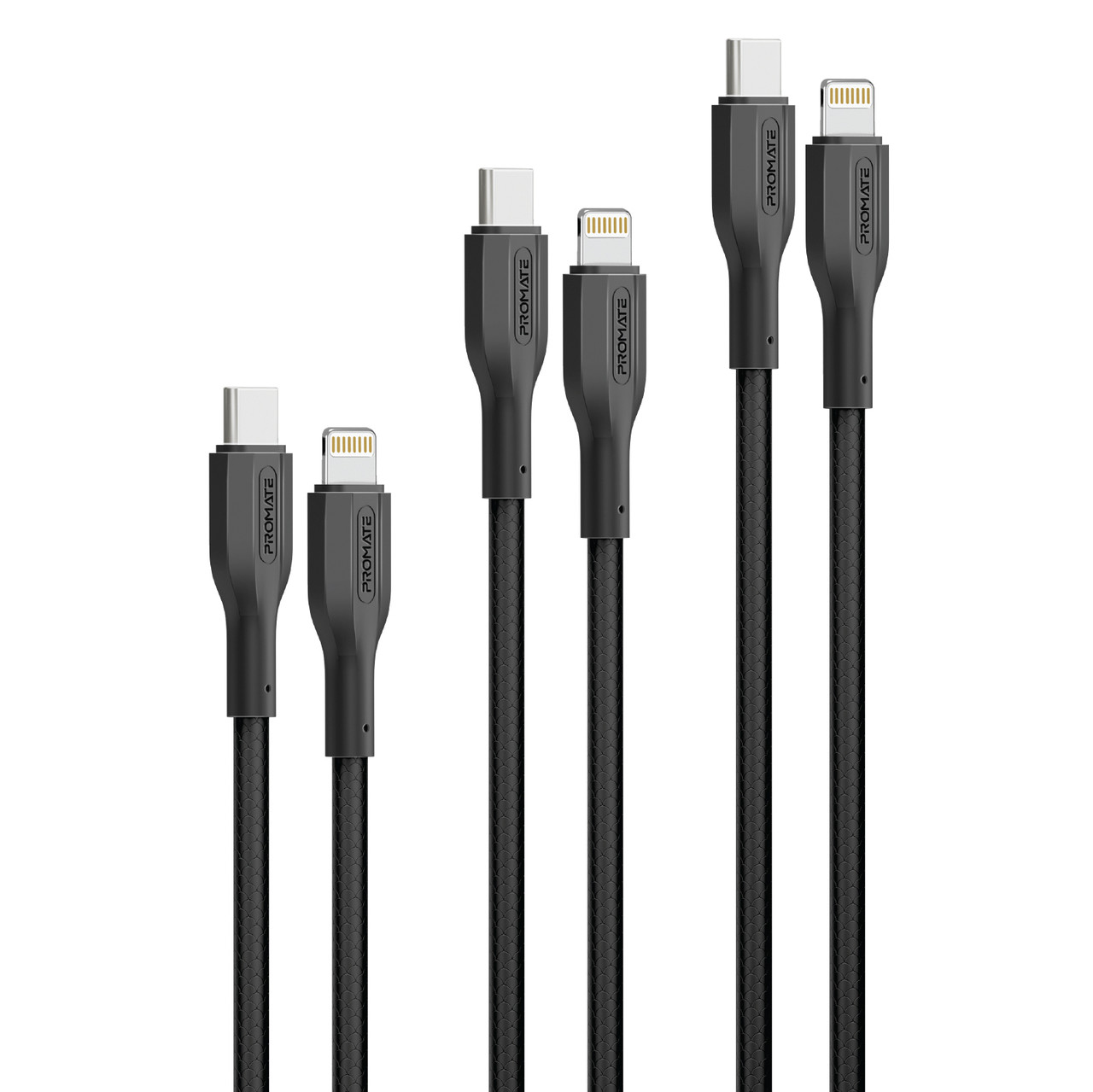 Комплект кабелів Promate CableKit-Ci USB-C to Lightning 27W Power Delivery 0.3м / 1.2м / 2м Black (cablekit-ci), фото 1