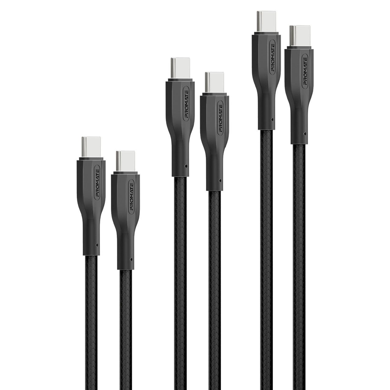 Комплект кабелей Promate CableKit-CC USB-C to USB-C 60W Power Delivery 0.3 м/ 1.2 м/ 2 м Black (cablekit-cc.black)